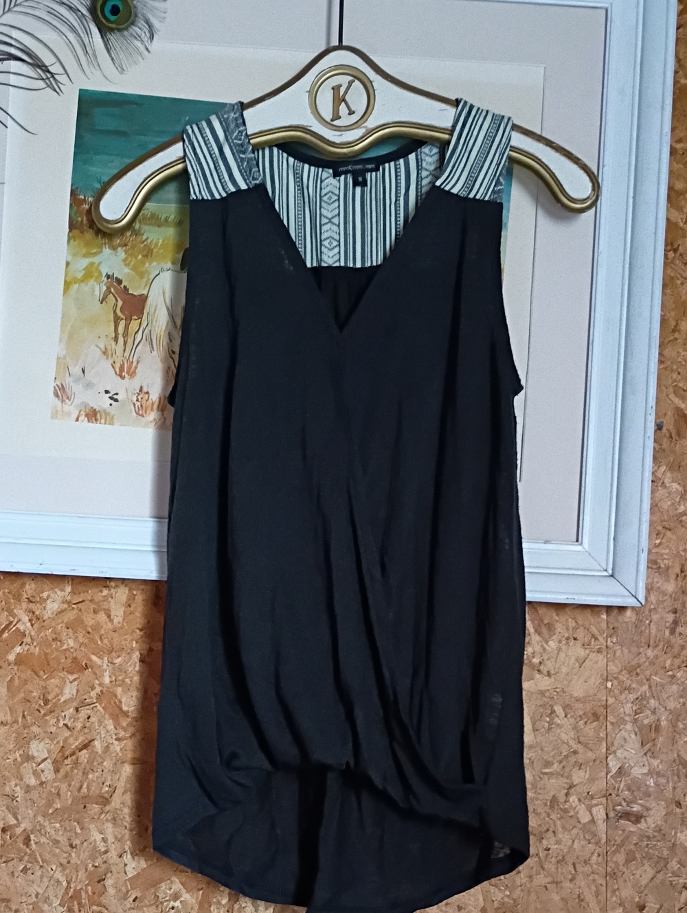 Mm Mm Mm Black Tank with Cream-Striped Yoke Casual Boho Beach Summer Lounge